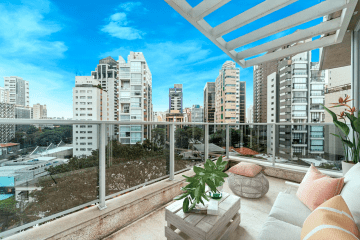 Imagem de um deck de apartamento, da perspectiva de quem está dentro do imóvel, olhando para fora. A vista é de diversos apartamentos em São Paulo.